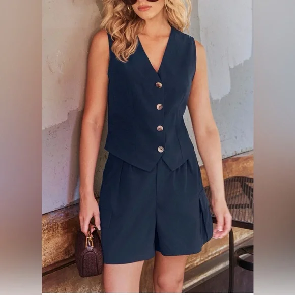 Sleeveless V-Neck Button Front Vest and shorts set in Navy - Picture 3 of 4